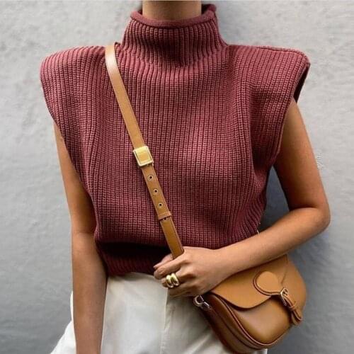 Turtleneck Sleeveless Vest Sweater Women 2020 Shoulder Pads Knitted Pullover Sweater Autumn Winter Loose Casual Knitted Jumpers