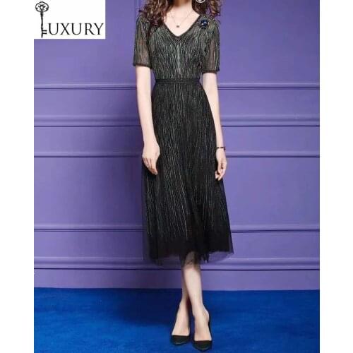 Festa 4XL Vestidos De 2020 Summer Sexy Party Women V-Neck Sequined Beading Deco Short Sleeve Mid-Calf Dark Green Dress