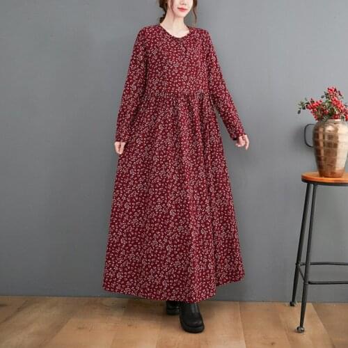 2021 New Arrival Print Floral Vintage Autumn Dress Cotton Linen Long Sleeve Spring Dress Women Casual Dress Robes