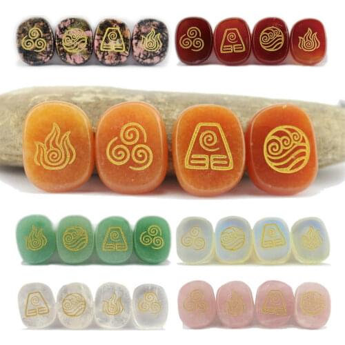 4pcs/pack 20x25mm Natural Stone Crystal Carving Fire Gas Water Soil Four Elements Rune Aura Divination Black Agate Religious