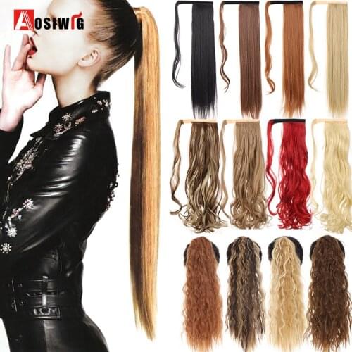 AOSIWIG Long Wavy Curly/Straight Velcro Ponytail Wrap Around Clip on Ponytail Hair Extension Synthetic Natural Fake Hairpiece