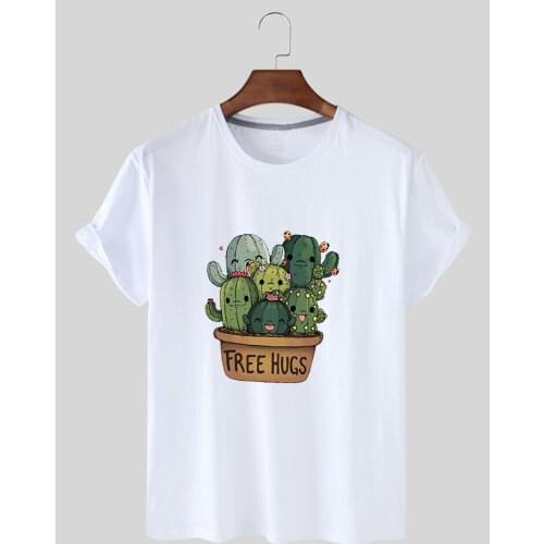 Kawaii Bonsai Cactus Print White Round Neck T-shirt for Ladies Summer Short Sleeve Blouse for Ladies Graphic T-shirt for Ladies