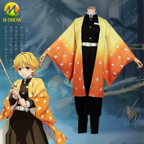 Demon Slayer Cosplay Agatsuma Zenitsu Costume Kimetsu no Yaiba Zenitsu Cosplay Kimono Uniforms Halloween Outfits for Adult Kids