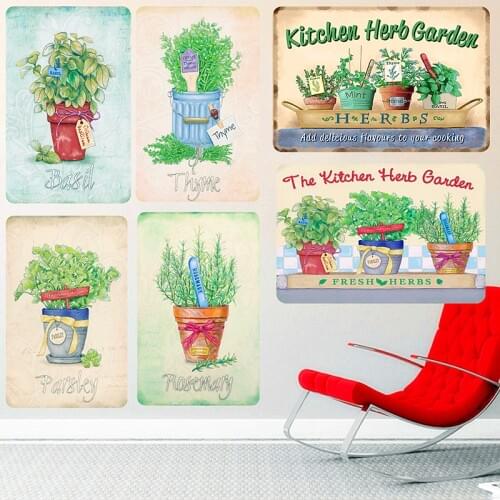 Kitchen Herb Garden Vintage Metal Tin Signs Outdoor Decoration Plaque Basil Thyme Parsley Plates Wall Art Painting Home Decor