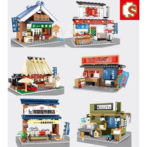 Mini City Architecture Japanese Street Food takoyaki sushi sake Model building blocks sets DIY brick Educational toys kids gifts