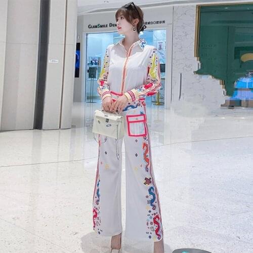 Fashion Spring Female Sets Long Sleeve Shirt+Slender Trousers Attractive Bright Color Print Casual Office Style Two-Piece Suits