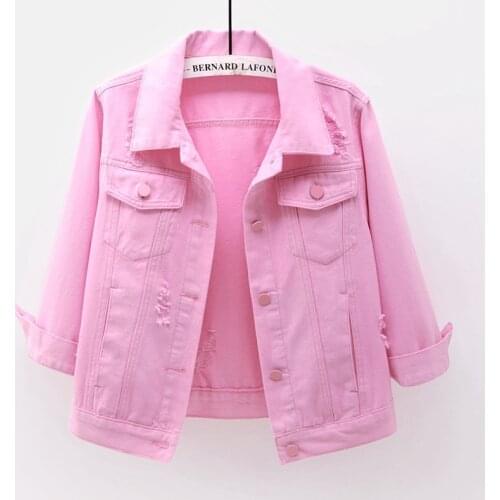 Spring Korean Fashion White Pink Denim Jacket Women Loose Short Student Outerwear Holes Jeans Jacket Coat Female Chaqueta Mujer
