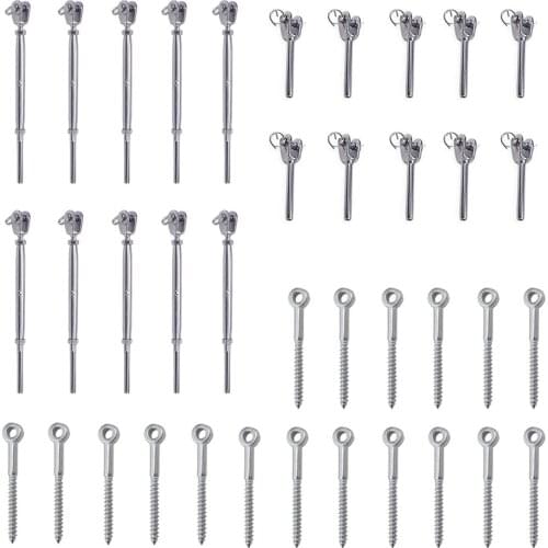 10pcs Stainless Steel Cable Railing Kit for 1/8" Cable Include 10pcs Jaw Swage Stud Turnbuckle 20pcs Fork Terminal Lag Screw Eye