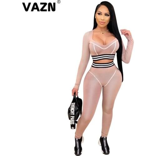 VAZN 2020 Autumn New Arrival High Waist Soft Young Sexy Sweet Solid Full Sleeve Group Long Pants Skinny Women 2 Piece Set