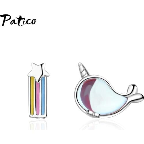 New 925 Sterling Silver Stud Earrings For Women Colorful Beautiful Whale Ear Studs Rainbow Pentagram Star Asymmetric Jewelry