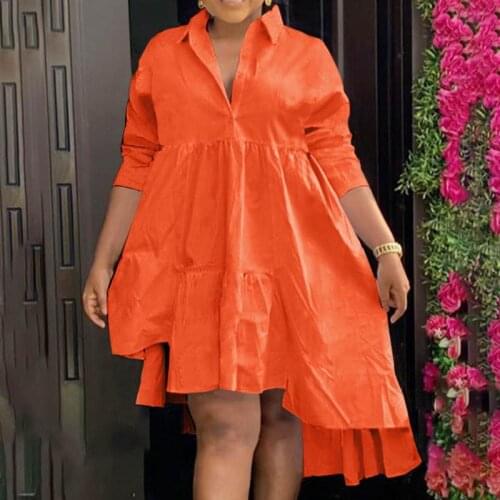 Summer Dress VONDA Casual Lapel Collar Asymmetric Hem Solid Party Vestidos S- Women Long Sleeve Pleated Dresses Femme Robe