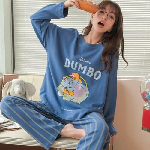 Autumn Pajamas for Women 100% Cotton Long Sleeved Pants Printed Pajama Cartoon Ladies Pyjamas Pink Blue Sleepwear M L XL XXL