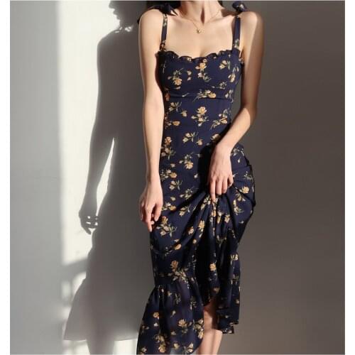 2021 new dresses for women sexy floral dress with shoulder straps and wooden ears A-line waist sling over the knee midi dresses