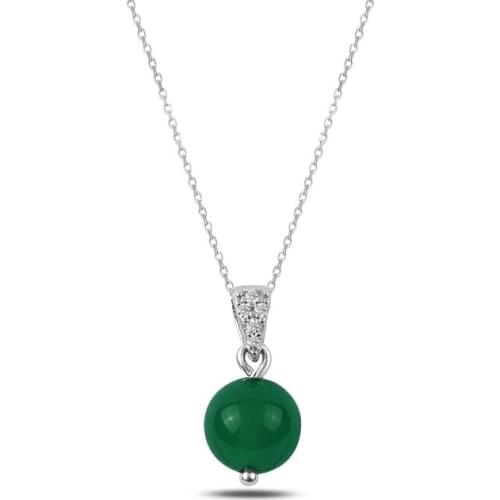 Silver 925 Sterling Green Agate Ball Necklace