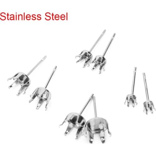20pcs Hypoallergenic Stainless Steel Stud Earring Findings Cubic Zirconia Stone Claw Settings 4 6 8mm Cameo Base Jewelry Making