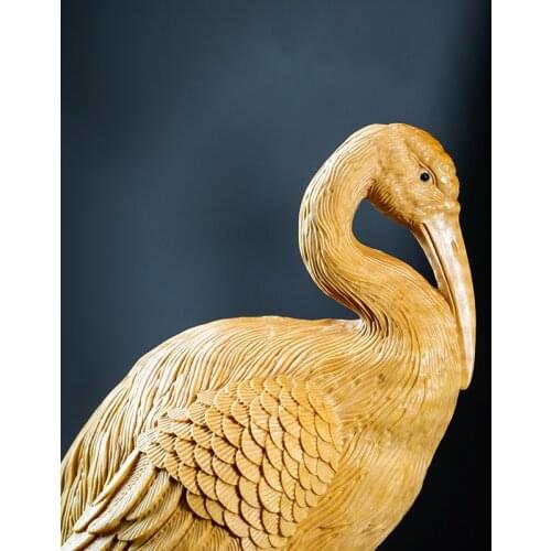 Boxwood 20cm Crane Sculpture Noble Wood Animal Statue Lucky Auspicious Home Decor
