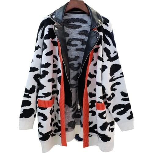 2021 Spring Fake Two Fashion Large Size Knit Leather Jacket Fashion Trend Leopard Coat Over Y739