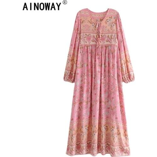 Vintage chic women neck tie Ethnic floral print beach Bohemian maxi dress Ladies tassel Boho pleated dress vestidos