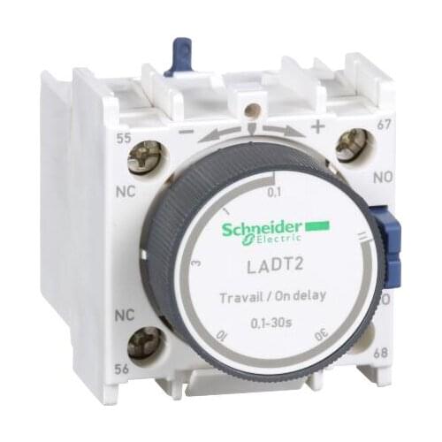LADT2 Time delay auxiliary contact block, TeSys D, 1NO + 1NC, on delay 1-30 s, front mounting, screw terminals