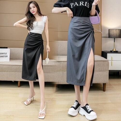 Summer Korean High Waist Wrinkle Split A-line Saia Midi Faldas Largas Mujer Bohemia Long Skirts For Women Faldas Mujer Moda 2021