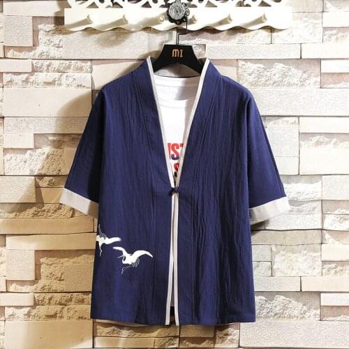 M-5XL Plus Size Mens Linen Short Sleeve Summer Shirts Casual Crane Printed Japanese Type Kimono Shirts for Men Streetwear