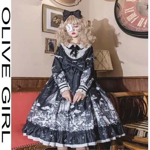 Girl Womens Clothing Gothic Lolita Dark Color loli Autumn Winter daily Lolita High Waist Kawaii Girl Cos Long Sleeve Dress