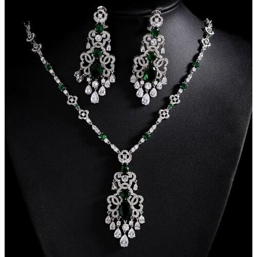 Hot Sale CZ Rhodium Color Fashion Top Quality Wedding Jewelry Sets, New Design Bridal Earrings Necklace Sets for Women S004