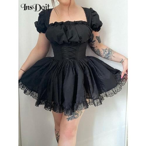 InsDoit Gothic Black Corset Dress Women Harajuku Vintage Lace Aesthetic Lace Up High Waist Mini Dress Punk Elegant A Line Dress