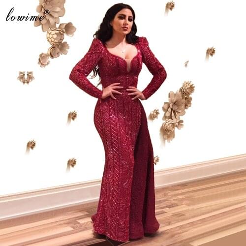 Plus Size Dubai Evening Dresses Mermaid Long Sleeves Burgundy Evening Gowns Glitter Formal Prom Dresses Women Party Night Custom