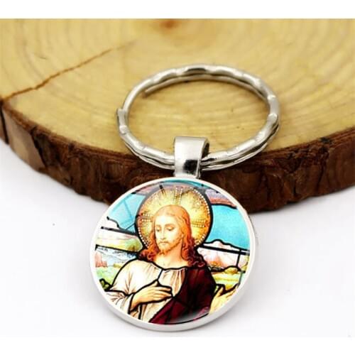 WG 1pc Christian Jesus Virgin Mary Time Jewel cabochon Keychain Pendant Glass Ball Metal Keyring Keychain Jewelry For Christian