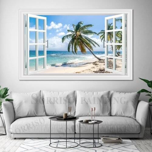 Sea Beach Palm Tree Scenery Imitation Window 3D Wall Design Art Canvas Painting Posters Pictures Prints Home Living Room Decor