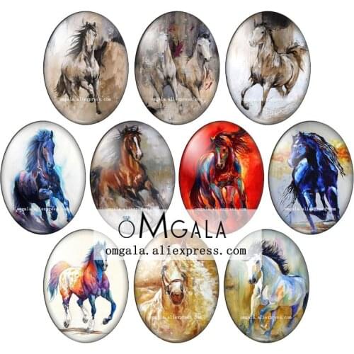 Watercolor Running Horse Animal Art Paintings 13x18mm/18x25mm/30x40mm Oval photo glass cabochon flat back Making findings