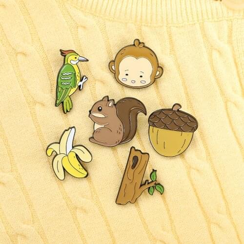 Monkey Banana Squirrel Pine Cones Enamel Pins Woodpecker Trunk Brooch Forest Animal Lapel Badge Bag Jewelry Gift for Kid Friend