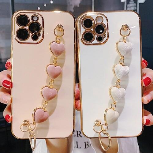 Luxury Plating Love Heart Bracelet Phone Case For iPhone 12 11 Pro Max XR XS 7 8 Plus SE2 Candy Color Wrist Chain Silicone Cover