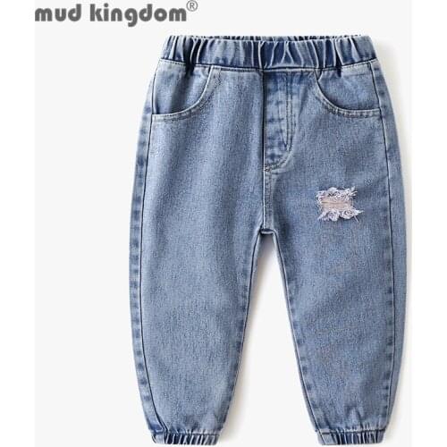 Mudkingdom Boys Solid Jeans Fashion Slant Pocket Distrressed Denim Pants for Little Boys Elastic Waist Trousers Kids Clothes