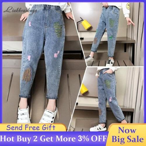 Teen Jeans Girls Spring Hole Jeans Girls Elastic Waist Jeans Toddler Baby Casual Pencil Pants Kids Slim Trousers Girls Clothes