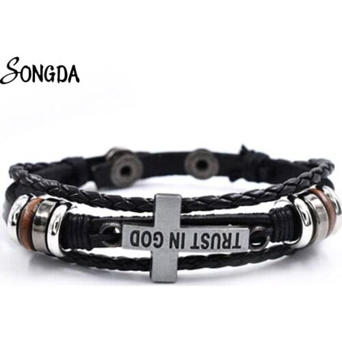 Cross Leather Bracelets Letter Trust in God Black Braided Wrap Bracelet & Bangles for Men and Women Christian Religious Jewelry