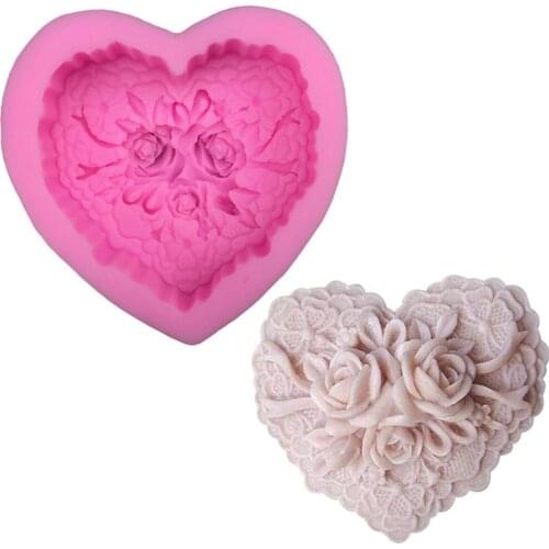 Lace Peach Heart Shape Rose Flower Silicone Mould DIY Fondant Baking Cake Decoration Tools Handmade Soap Aroma Candle Mold