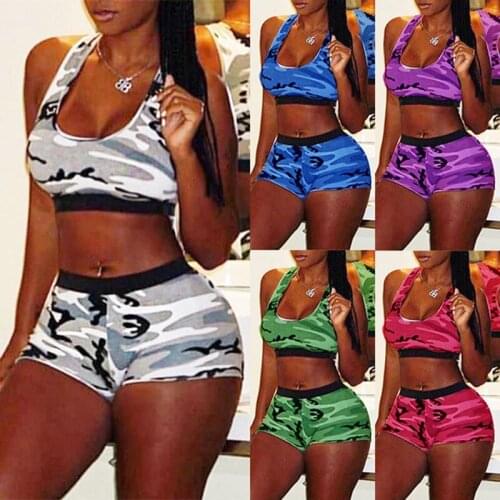 Summer New Fashion Hot Sale Camouflage Print Sexy Vest Sports Shorts Womens Suit 2-Piece Suit