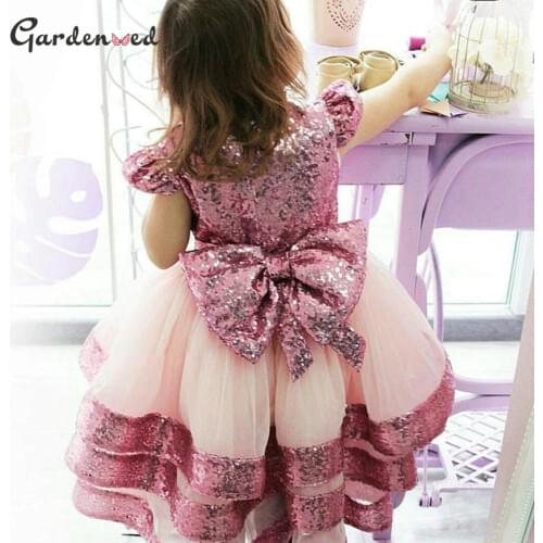 Gardenwed Layers Glitter Kids Party Dresses Sequins Bow Pink Girl Birthday Dress Shiny Princess Dress платье для девочки