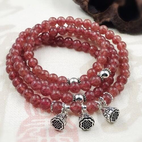 Original Jewelry) Natural Crystal Strawberry Crystal Multi-Circle 6MM Thai Silver Jewelry Bag Bracelet String Girl