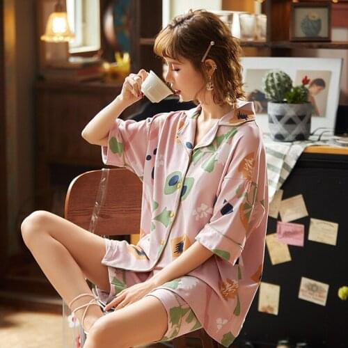 Pajama Womens Summer Short Sleeve Cotton Thin Cardigan Loose Fresh Lovely Homewear Set