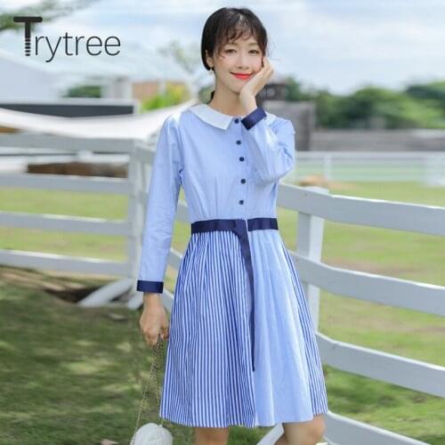 Trytree 2020 Spring Autumn Casual Womens Dress Turn-down Collar Belt Personality Striped A-line Hem Office Lady Shirt Dress