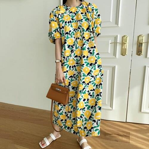 Western Style Flower Slit Puff Sleeve Dress