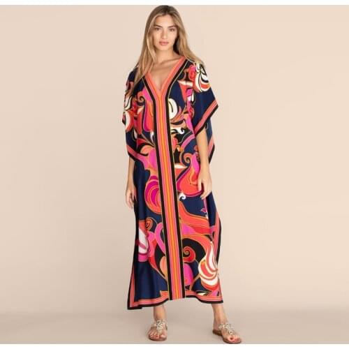 Hanky Scarf Print Women Dress Arabic Style Floral Pattern Caftan Contrast Design V-Neck Floaty Maxi Dress Luxe Beach Cover Ups