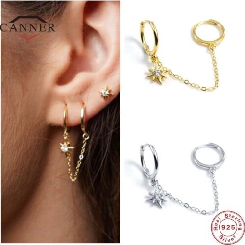 CANNER 925 Sterling Silver Anise Hoop Earrings For Women Star Double Zircon Diamond Piercing Earring Earings Jewelry Pendientes