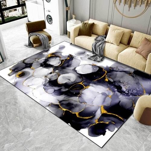 Light Luxury Abstract Watercolor Ink Rug Black Gold Blue White Gray Living Room Area Carpet Bedroom Bedside Carpet Non-Slip Mat