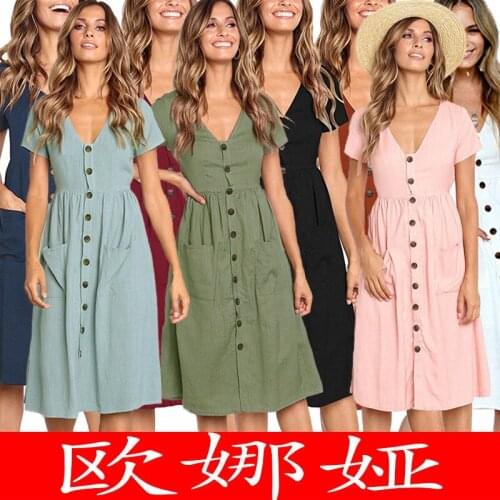 Foreign Trade Supply Hot Explosion Models 9 Color Summer Fashion V-neck Button Versatile Pockets Short Sleeve Female Dress 0864