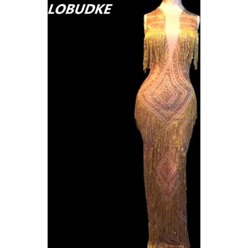Bar Party Nightclub Female Singer Stage Rhinestones Tassels Long Dress Sleeveless Stretch Skinny Crystals Fringes Dress Costume