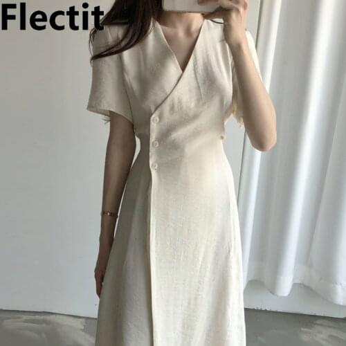 Flecti Womens Wrap Dress With Tie Button Waist Short Sleeve V-Neck Summer Linen Dress Ladies Workwear